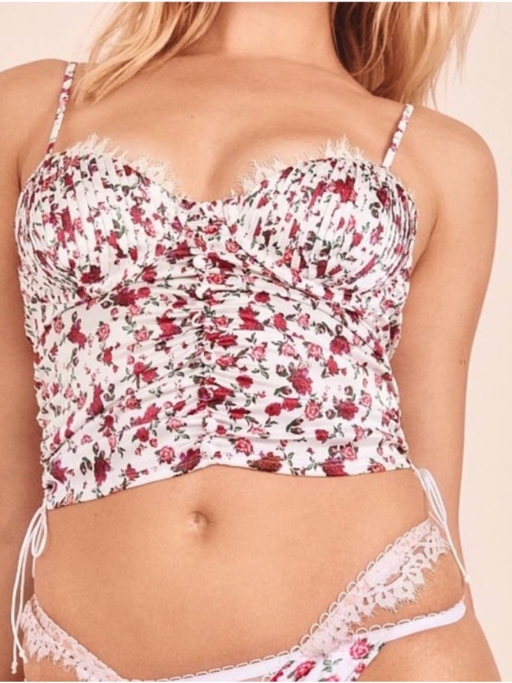 For Love & Lemons Melrose Bustier Floral Satin Corset Top Lace Trim
